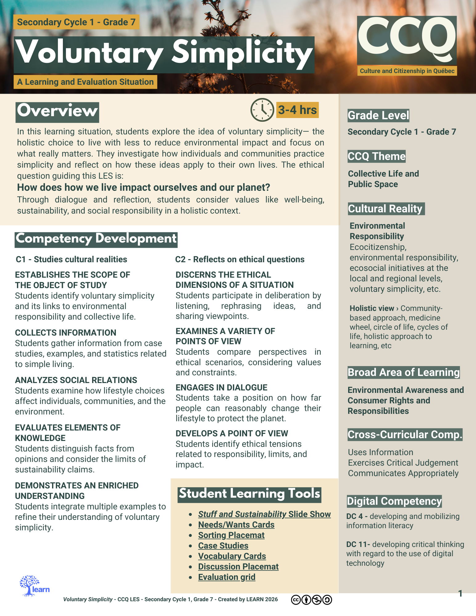 Infographic describing a learning situation on the idea of voluntary simplicity